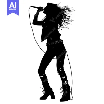 Aset desain premium: Silhouette of a Female Rock Singer Performing with a Microphone