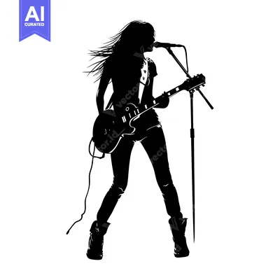 Silhouette of a Female Rock Musician Singing and Playing Guitar