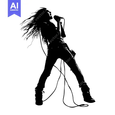 Aset premium populer: Silhouette of a Female Rock Singer Performing with a Microphone
