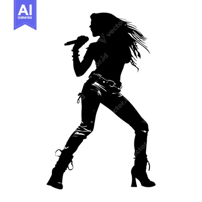 Aset premium populer: Silhouette of a female rock singer holding a microphone