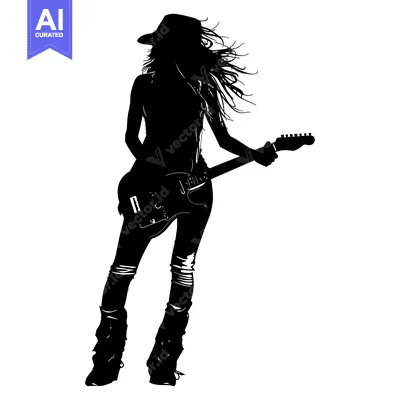 Aset desain premium: Silhouette of a woman playing an electric guitar with long hair and a