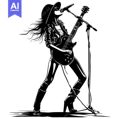 Aset desain premium: A Silhouette of a Female Rock Star Performing with a Guitar and Microp