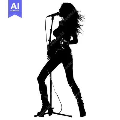 Aset desain premium: Silhouette of a Female Musician Singing into a Microphone While Holdin