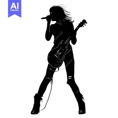 Silhouette of a Female Rock Star Singing and Playing Guitar