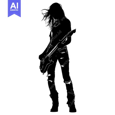 Popular premium asset: Silhouette of a Woman with Wavy Hair Playing an Electric Guitar