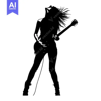 Aset desain premium: Silhouette of a Woman Playing an Electric Guitar