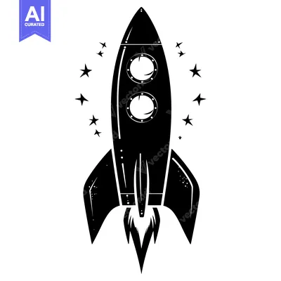 Aset desain premium: Black and white illustration of a rocket ship taking off surrounded by