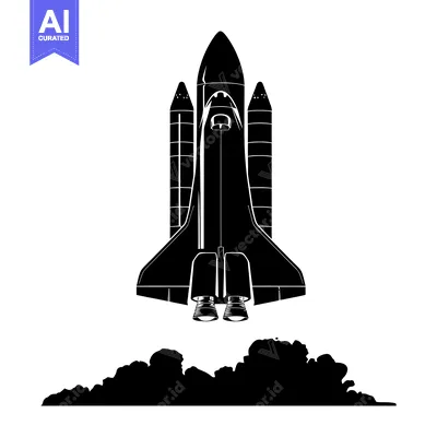 Aset desain premium: Black and white silhouette of a space shuttle taking off from the grou