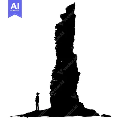 Aset premium populer: Silhouette of a Person Gazing Up at a Tall, Narrow Rock Formation