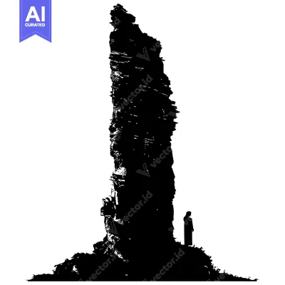 Silhouette of a Tall, Slender Rock Formation with a Small Figure Stand