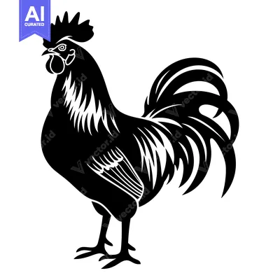 Aset desain premium: A black and white silhouette of a rooster with a large tail