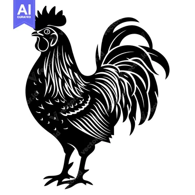 Premium design asset: Black and White Illustration of a Rooster with a Large Tail