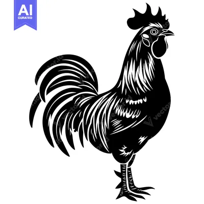 Aset desain premium: Black and White Illustration of a Rooster with a Large Tail