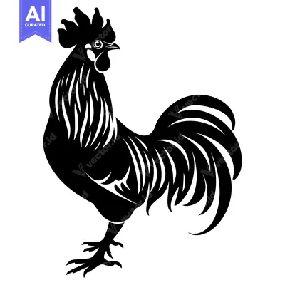 Premium design asset: Black and white silhouette of a rooster with a long tail