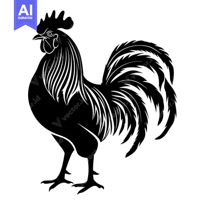 Aset desain premium: Black and White Silhouetted Rooster with Long Tail Feathers