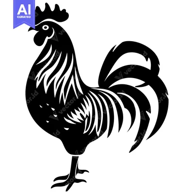 Black and White Silhouette of a Rooster with a Wavy Tail