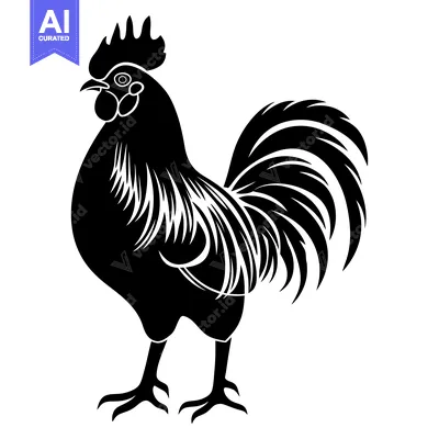 Aset premium populer: Black and White Silhouetted Rooster with Detailed Feathers