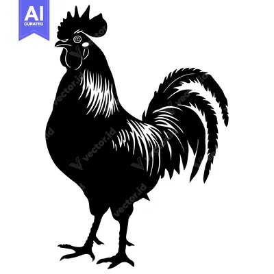 Premium design asset: Black and White Silhouette of a Rooster with Detailed Feathers