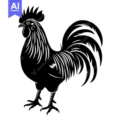 Aset desain premium: Black and White Silhouette of a Rooster with a Wavy Tail