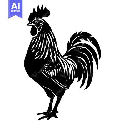 Popular premium asset: Black and White Silhouette of a Rooster with a Large Tail