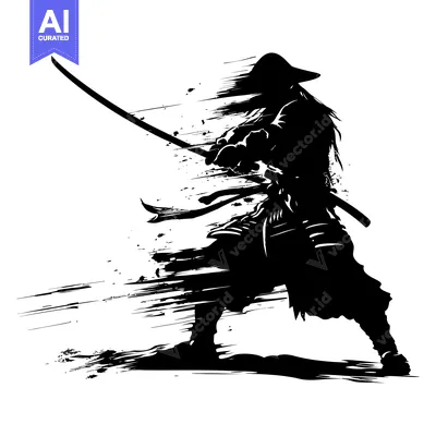 Aset desain premium: Silhouette of a Samurai Warrior in Motion with Katana