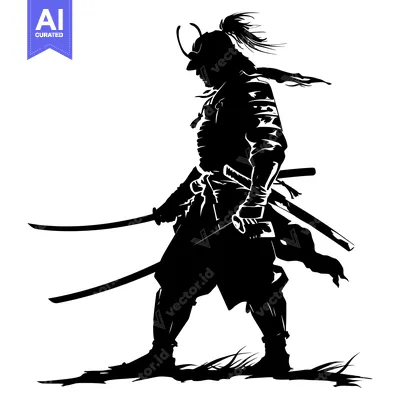 Aset desain premium: Silhouette of a Samurai Warrior Holding Two Swords
