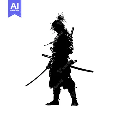 Aset desain premium: Silhouette of a Samurai Warrior with Swords