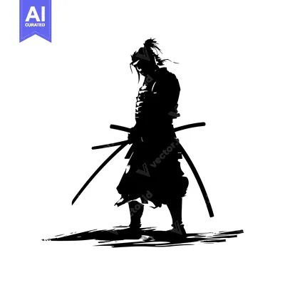 Aset desain premium: A Silhouette of a Samurai Warrior with Two Swords