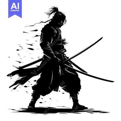 Aset desain premium: Silhouette of a Samurai Warrior Holding Two Swords