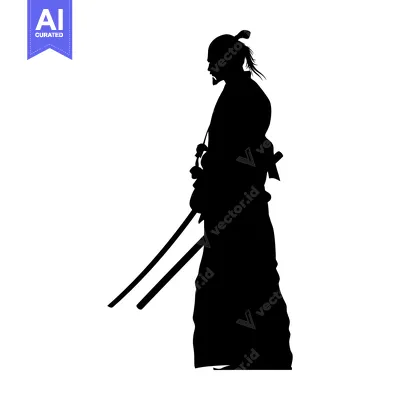 Aset desain premium: Silhouette of a Samurai Warrior with Two Swords