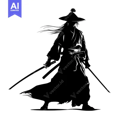 Aset desain premium: Silhouette of a Samurai Warrior with Two Swords Drawn