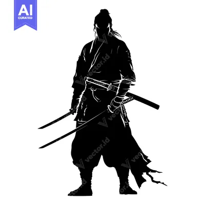 Aset desain premium: Silhouette of a Samurai Warrior Holding Two Swords