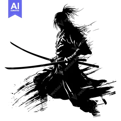Aset desain premium: Silhouette of a Samurai Warrior Holding Two Swords