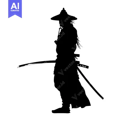 Aset desain premium: Silhouette of a Samurai Warrior with a Sword and Hat