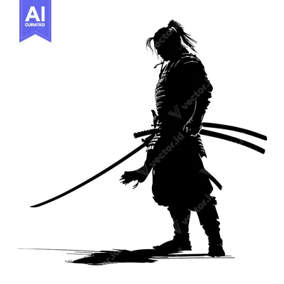 Aset desain premium: A Silhouette of a Samurai Warrior with His Sword Drawn