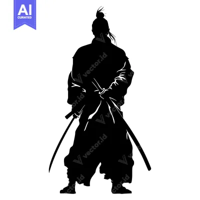 Aset desain premium: Black and White Silhouette of a Samurai Warrior Holding a Sword