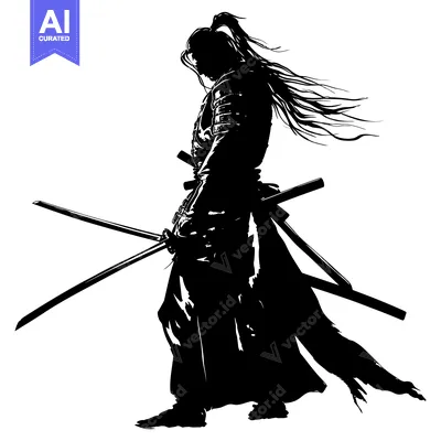 Aset desain premium: Silhouette of a Samurai Holding Two Swords