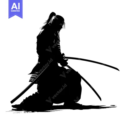Aset desain premium: Silhouette of a Samurai Kneeling with Two Swords