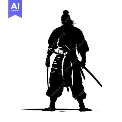 Aset desain premium: Silhouette of a Japanese Samurai Warrior Holding a Sword