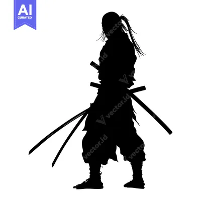 Aset premium populer: Silhouette of a Samurai Warrior with Two Swords Drawn