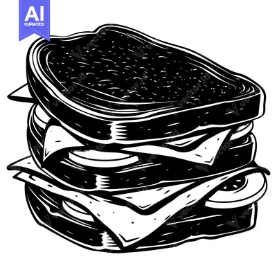 A Black and White Illustration of a Large Stacked Sandwich