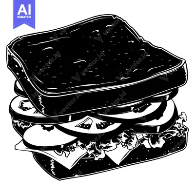 Aset premium populer: Black and White Illustration of a  Sandwich with Lettuce, Tomato, and