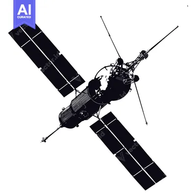 A black and white illustration of a satellite in space