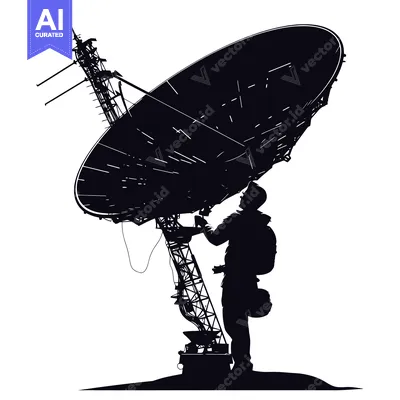 Silhouette of a Man Standing Next to a Satellite Dish