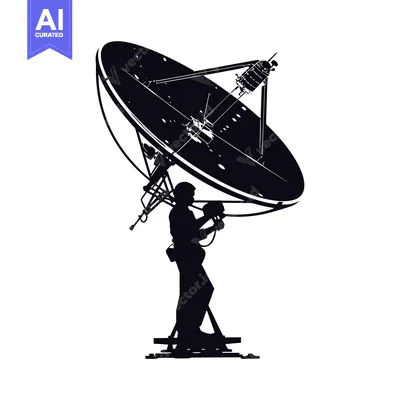 Silhouette of a Man Working on a Large Satellite Dish
