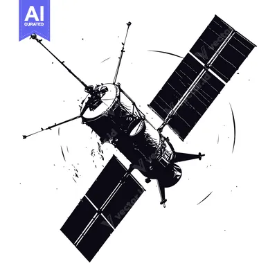 Popular premium asset: A black and white illustration of a space satellite with solar panels