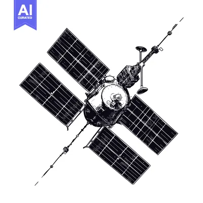 Aset desain premium: A Black and White Sketch of a Satellite in Space with Solar Panels