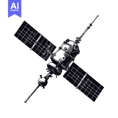 Popular premium asset: Black and white illustration of a satellite with solar panels