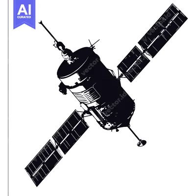Black and White Illustration of a Satellite with Solar Panels