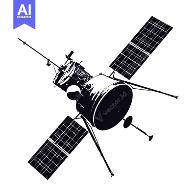 Premium design asset: A black and white silhouette of a satellite with solar panels